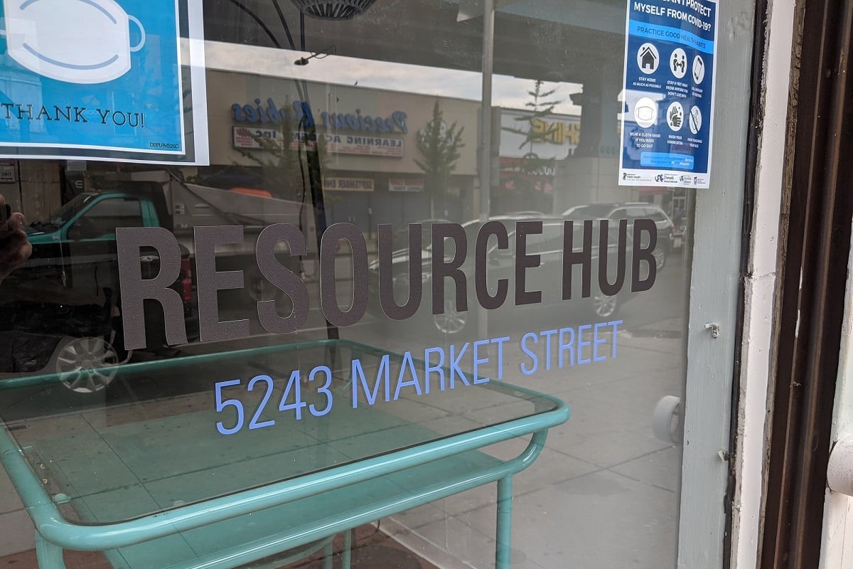Glass window with text reading "Resource Hub 5243 Market Street" 